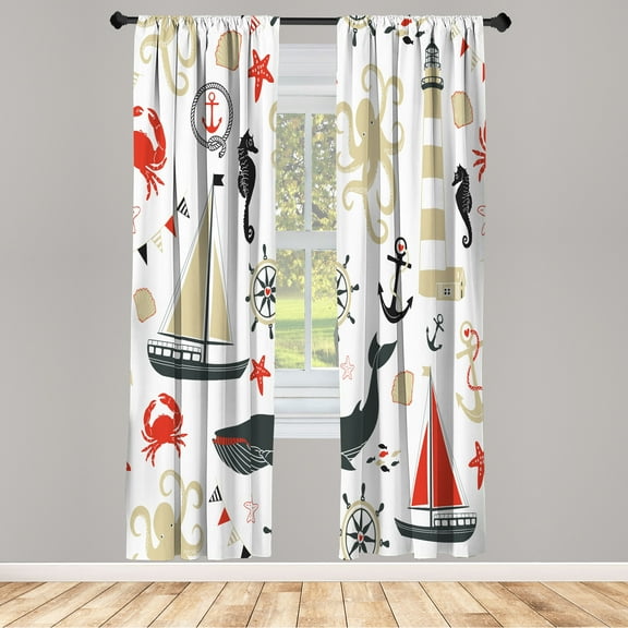 Ambesonne Curtains, Pair of 28"x84", Ecru Red and Dark Blue