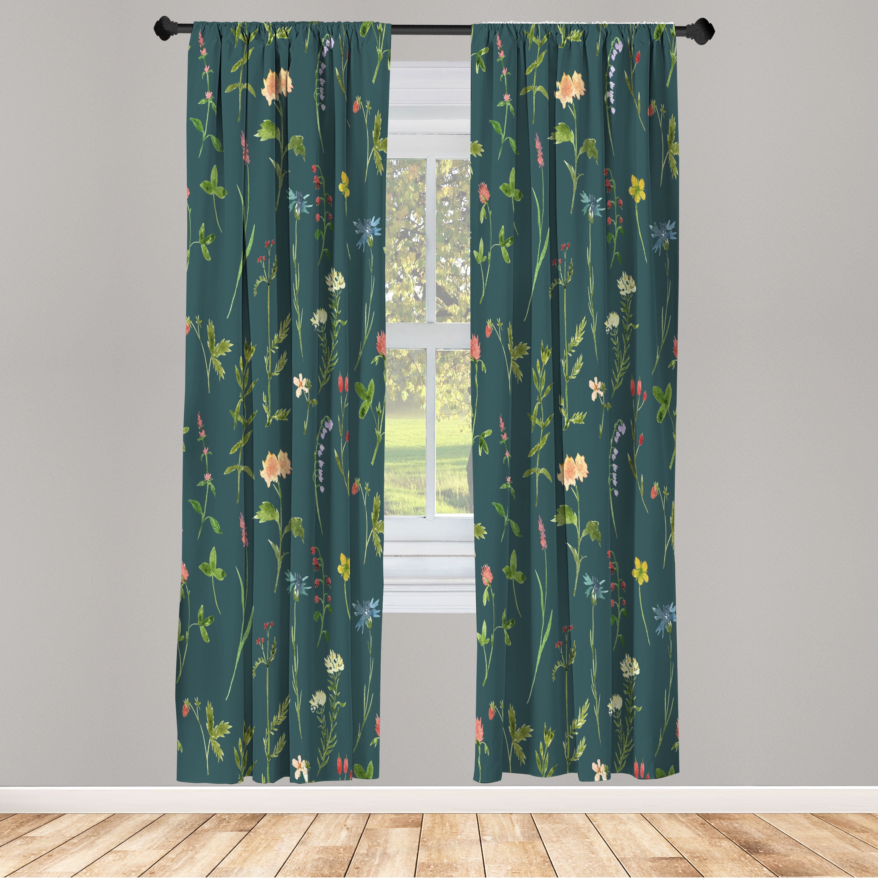 Dark Green Floral Microfiber Rod Pocket Curtain Panels, 28" x 95"