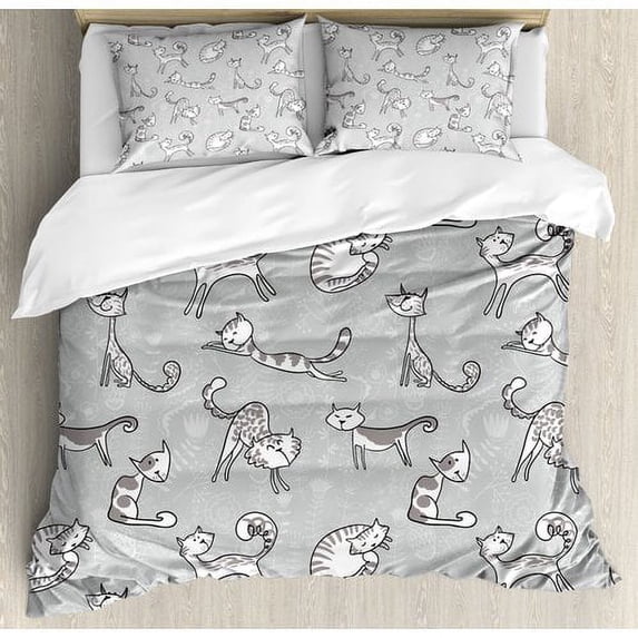 Ambesonne Cute Cat Figures Posing over Floral Background Feline Kitten Kitty Cartoon Art Prints Duvet Cover Set