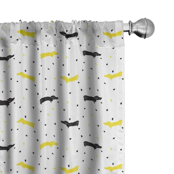 Ambesonne Dachshund Window Curtains, Bicolour Dogs and Hearts, Each 28" W x 84" L, Black Mustard and White