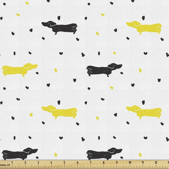 Ambesonne Dachshund Fabric by the Yard Upholstery, Bicolour Dogs and Hearts, 10 Yards, Black Mustard and White
