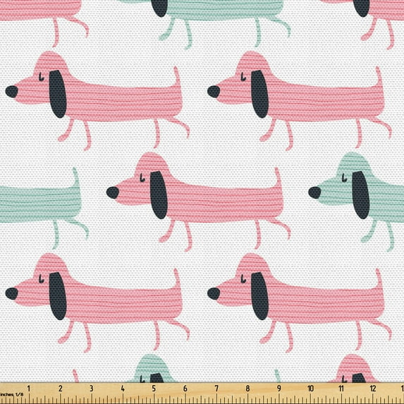 Ambesonne Dachshund Fabric by the Yard Upholstery, Funny Sausage Dogs, 3 Yards, Seafoam Pink