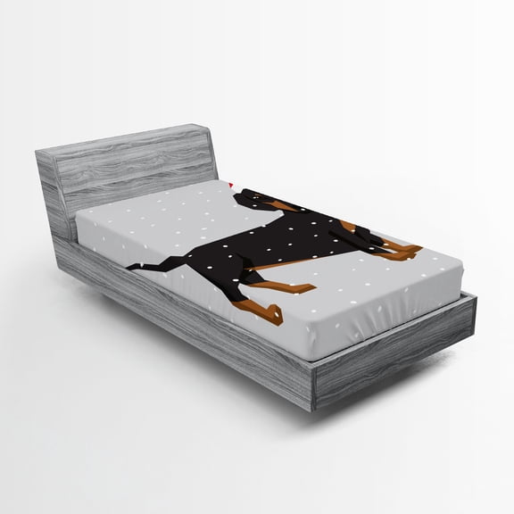 Ambesonne Dachshund Fitted Sheet 2 Pcs Set, Dog Wears Xmas Hat Snow, Twin XL, Grey Dark Grey