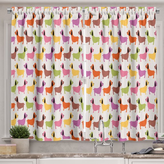 Ambesonne Dachshund Kitchen Curtains, Colorful Puppy Motif, 55"x39", Multicolor