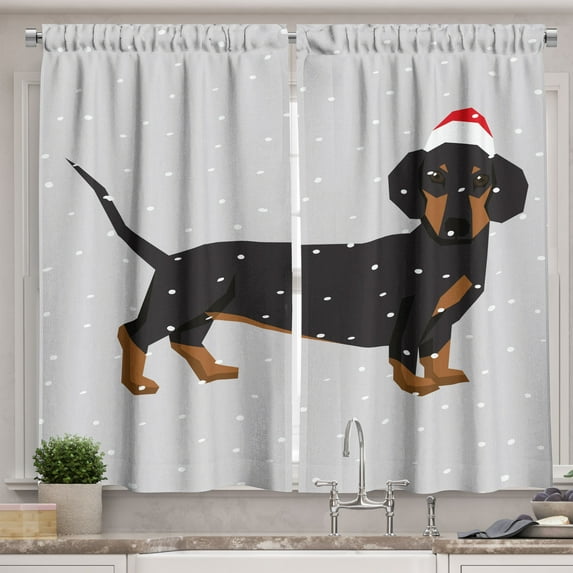 Ambesonne Dachshund Kitchen Curtains, Dog Wears Xmas Hat Snow, 55"x39", Grey Dark Grey