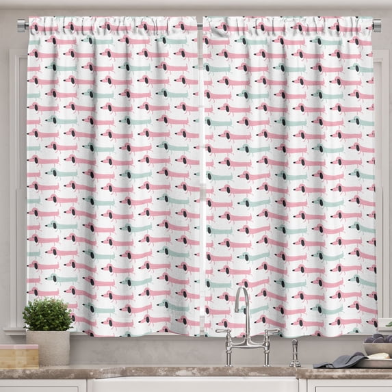 Ambesonne Dachshund Kitchen Curtains, Funny Sausage Dogs, 55"x39", Seafoam Pink