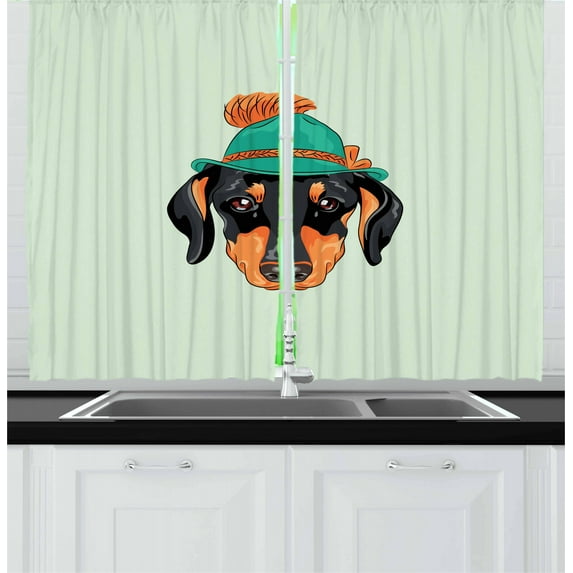 Ambesonne Dachshund Kitchen Curtains, Hipster Dog and Hat, 55"x39", Multicolor