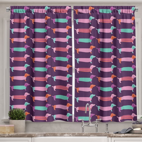 Ambesonne Dachshund Kitchen Curtains, Sixties Style Puppy, 55"x39", Multicolor