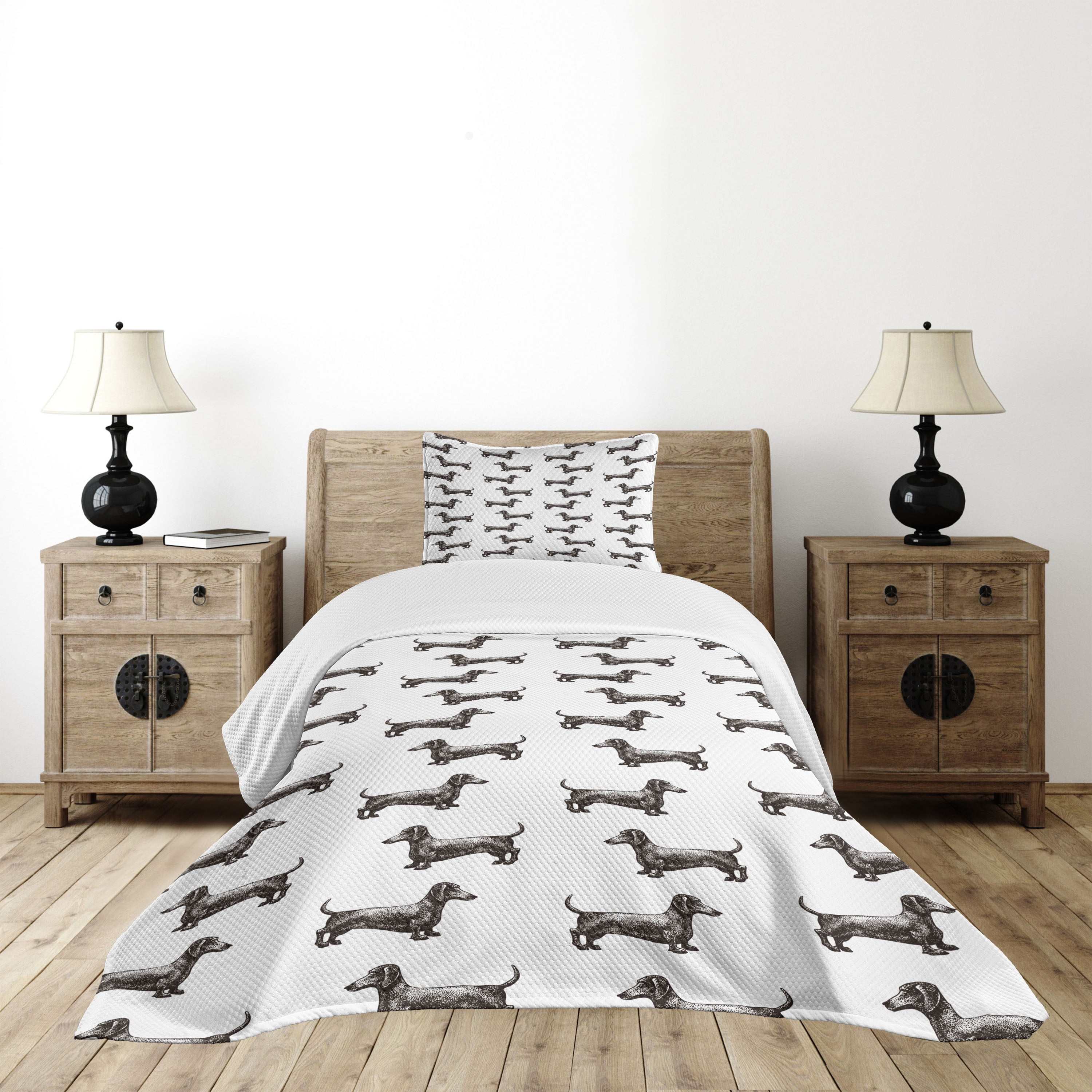 White Quilted Twin Bedspread Set with Dachshund Pattern