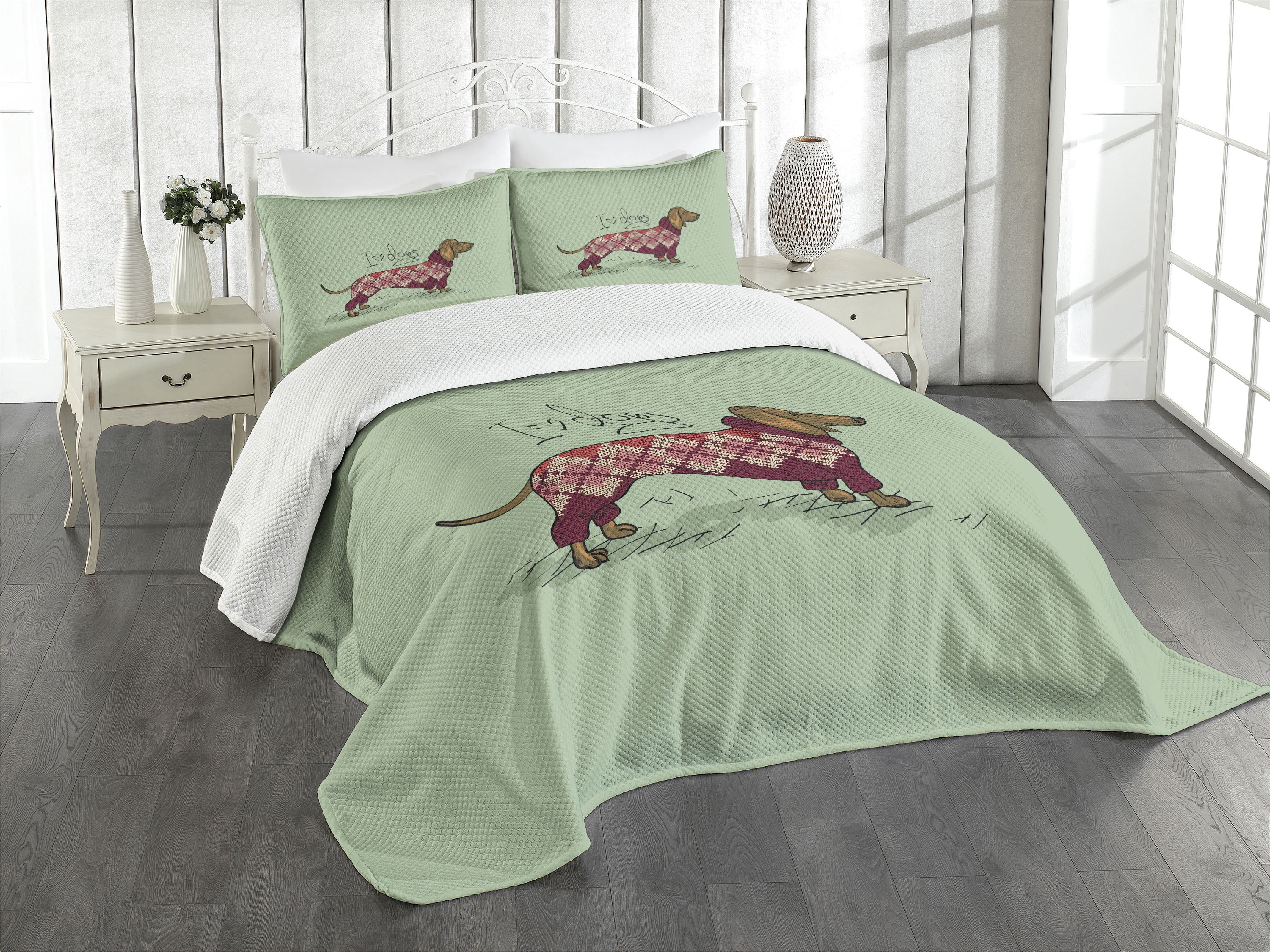 King Size Multicolor Dachshund Polyester Bedspread Set