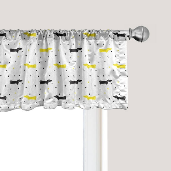 Ambesonne Dachshund Window Valance, Bicolour Dogs and Hearts, 42" x 18", Black Mustard and White