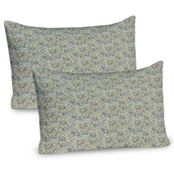 Ambesonne Daffodil Pillow Sham 2 Pack, Flowers Bloom Repetition, 26"x20", Sage Green Cream