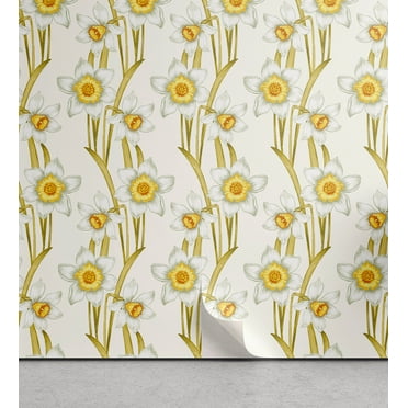 Ambesonne Daffodils Peel & Stick Wallpaper for Home, Nostalgic Flowers Farm, 13"x36", Grey Yellow Mustard