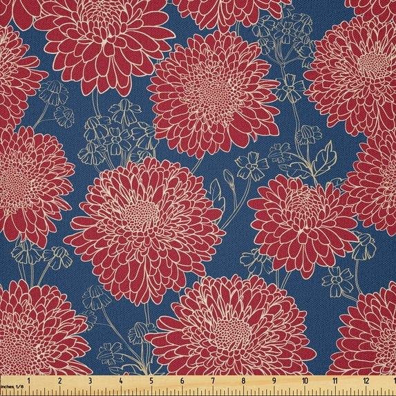 Ambesonne Dahlia Fabric by the Yard Microfiber, Flower Bouquets Gardening, 3 Yards, Ruby and Night Blue