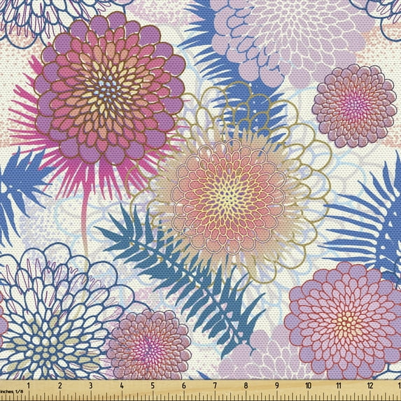 Ambesonne Dahlia Fabric by the Yard Upholstery, Colorful Mexican Flowers, 3 Yards, Multicolor