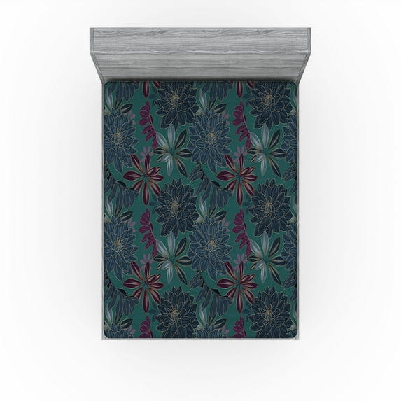 Ambesonne Dahlia Flowers Fitted Sheet, Floral Scene Jungle, King Size, Teal Plum Dark Lavender
