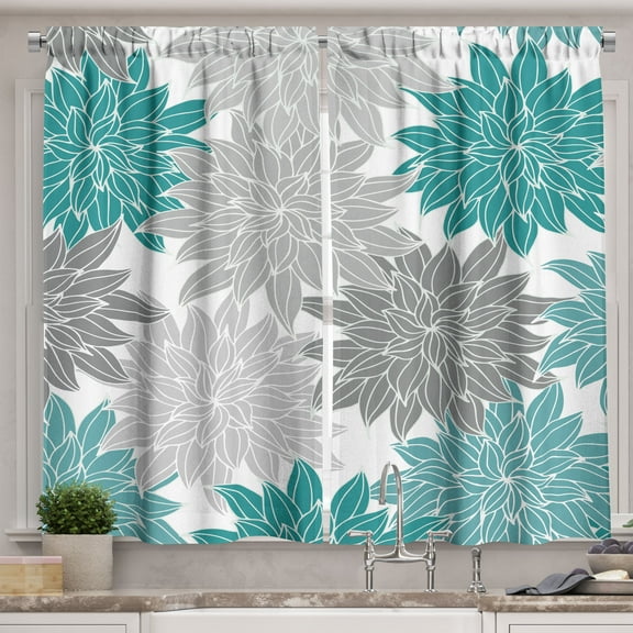 Ambesonne Dahlia Kitchen Curtains, Floral Blossoming Garden, 55"x39", Dark Seafoam and Grey