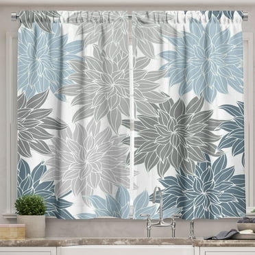 Ambesonne Dahlia Kitchen Curtains, Floral Blossoming Garden, 55"x45", Pale Sky Blue and Grey