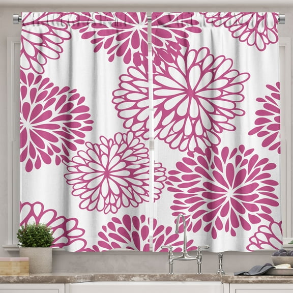 Ambesonne Dahlia Kitchen Curtains, Monochrome Blooming Flowers, 55"x24", White Pink