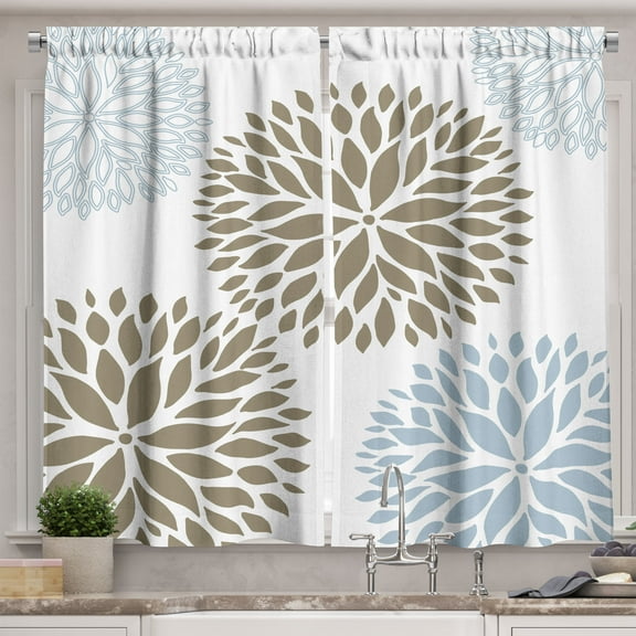 Ambesonne Dahlia Kitchen Curtains, Petals Flourishing Motif, 55"x24", Tan Pale Blue Grey