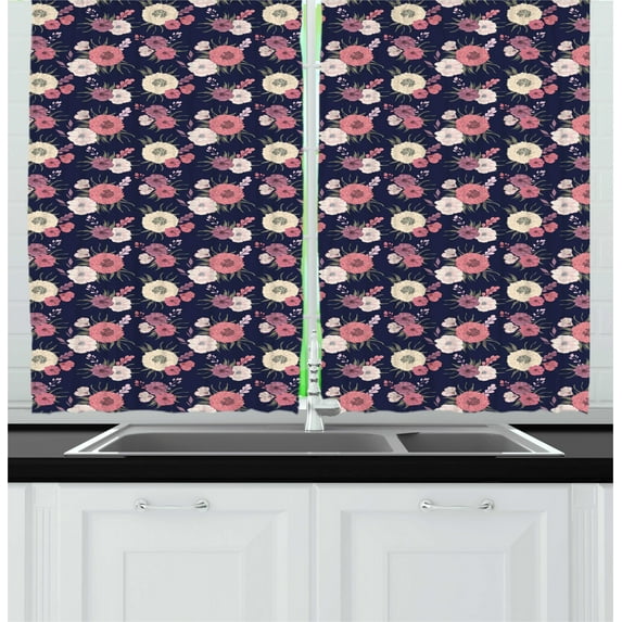 Ambesonne Dahlia Kitchen Curtains, Vintage Blossom Peony Poppy, 55"x45", Dried Rose Pale Pink