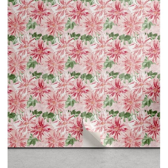 Ambesonne, Dahlia Pattern Peel & Stick Wallpaper for Home, Flower Vintage Print, 13"x36", Fern Green and Dark Coral
