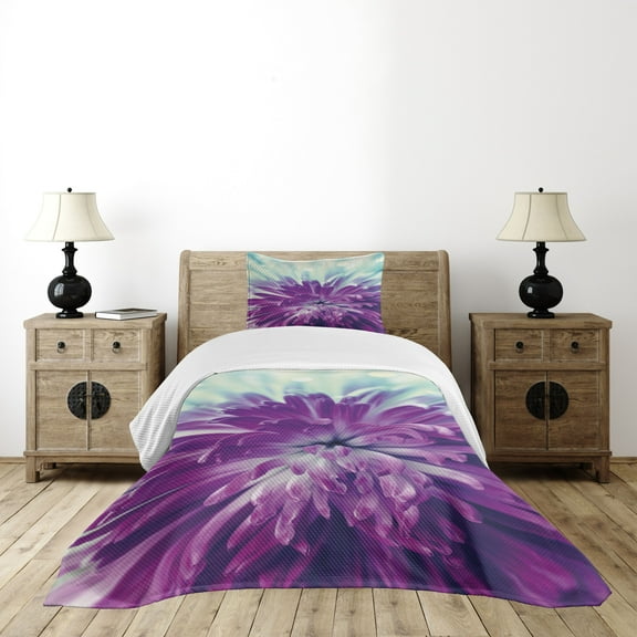 Ambesonne Dahlia Quilted Bedspread Set 2 Pcs, Blooming Floral Motifs, Twin Size, Purple Mint Green