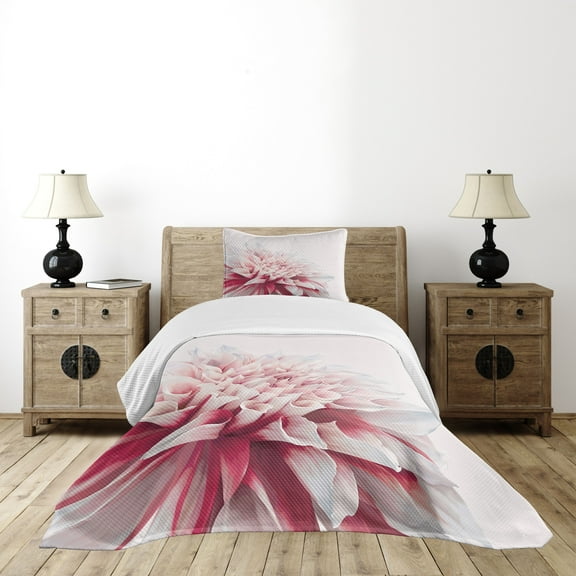 Ambesonne Dahlia Quilted Bedspread Set 2 Pcs, Close up Floral Blossom, Twin Size, White Ivory and Ruby