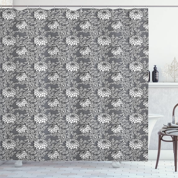Ambesonne Dahlia Shower Curtain, Blooms Beauty Herbs Floral, 69"Wx84"L, Grey Black and Coconut