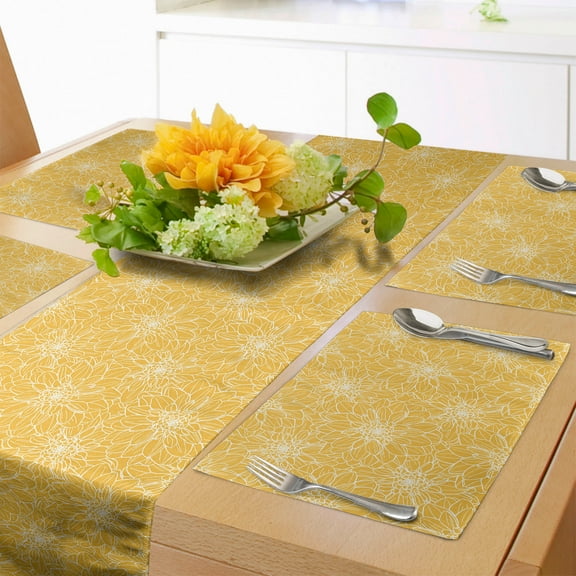 Ambesonne Dahlia Table Runner & Placemats, Abstract Modern Floral Art, Placemat 4 pcs + Runner 16"x72", Earth Yellow and White