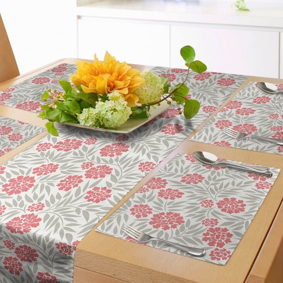 Ambesonne Dahlia Table Runner & Placemats, Bloom Branches Field Yard, Placemat 4 pcs + Runner 14"x90", Coral Dust Coconut