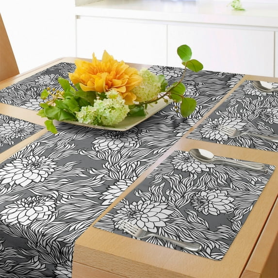 Ambesonne Dahlia Table Runner & Placemats, Blooms Beauty Herbs Floral, Placemat 4 pcs + Runner 12"x90", Grey Black and Coconut