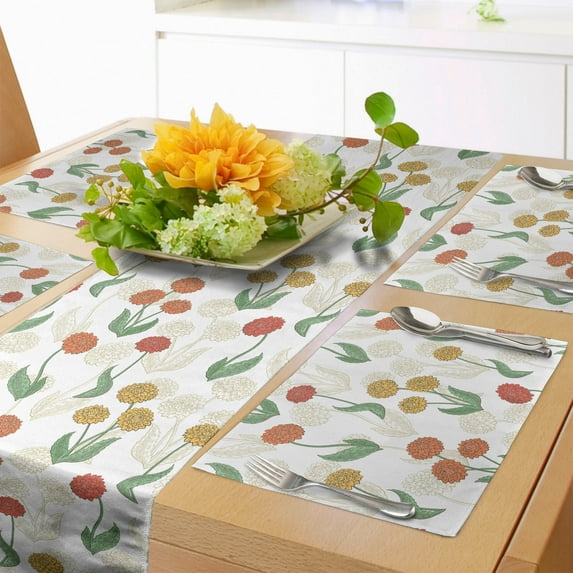 Ambesonne Dahlia Table Runner & Placemats, Garden Blossom Peony Beauty, Placemat 4 pcs + Runner 16"x72", Burnt Orange Mustard