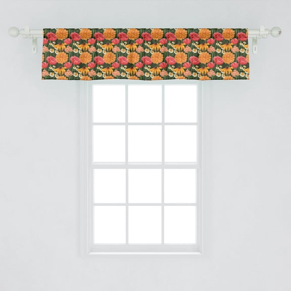 Ambesonne Dahlia Window Valance, Poppy Daisy Bouquets Pastel Blossoming Perennial Flowers Retro, Curtain Valance for Kitchen Bedroom Decor with Rod Pocket, 54" X 12", Dark Green Coral and Marigold