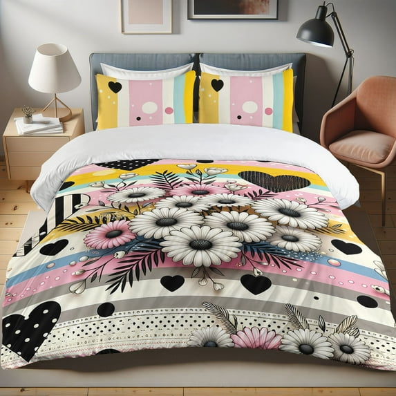 Ambesonne Daisies Duvet Cover Set, Flowers and Striped Hearts, Calking, Soft Pink Mustard Grey