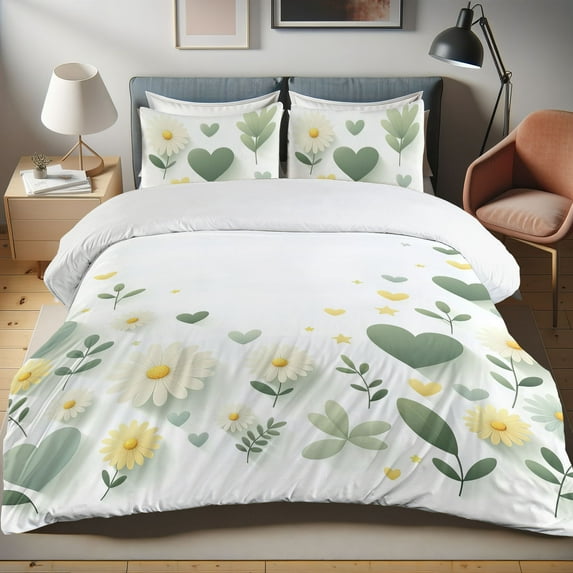 Ambesonne Daisy Duvet Cover Set, Flowers Hearts and Leaves, Queen, Reseda Green Pale Yellow