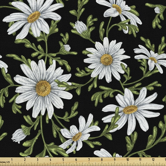 Ambesonne Daisy Fabric by the Yard Upholstery, Art Realist Chamomile Pattern, 2 Yards, Off White Fern Green