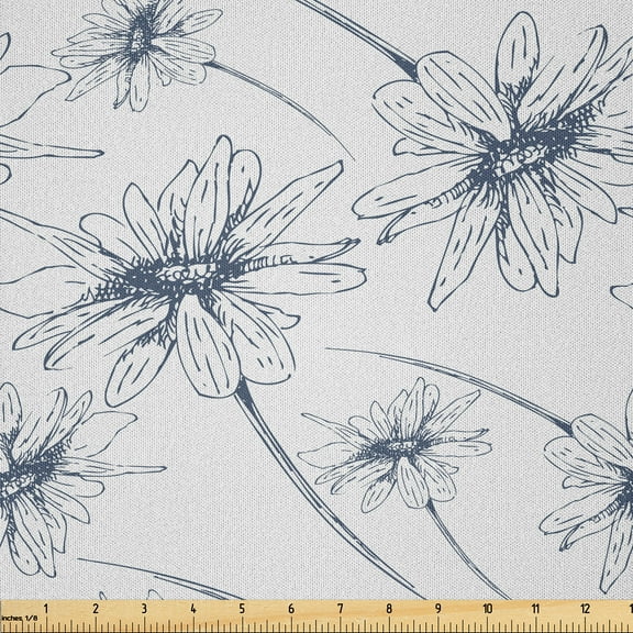Ambesonne Daisy Fabric by the Yard Microfiber, Hand Drawn Flower Branches, 3 Yards, Slate Blue Pearl