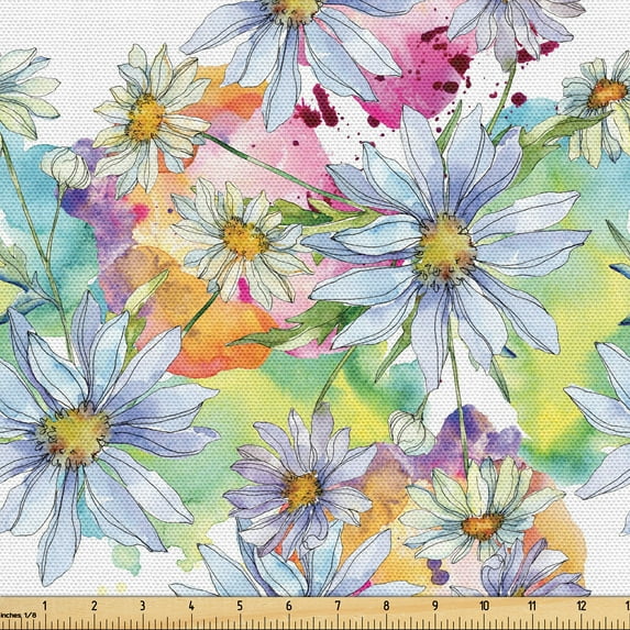 Ambesonne Daisy Fabric by the Yard Upholstery, Chamomiles Wild Meadow Flower, 2 Yards, Pale Lilac and Multicolor