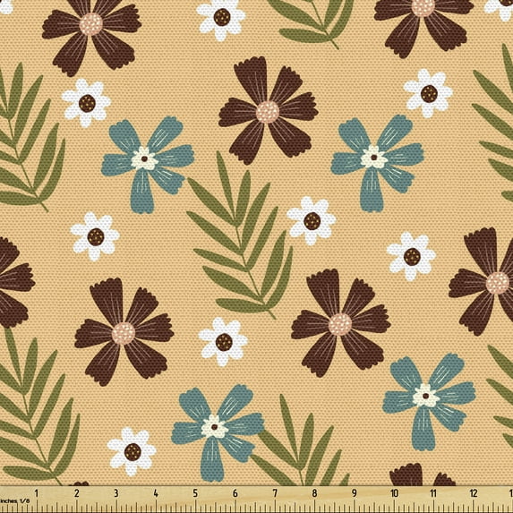 Ambesonne Daisy Fabric by the Yard Upholstery, Earthy Garden Leafy Flowers, 3 Yards, Peach and Multicolor