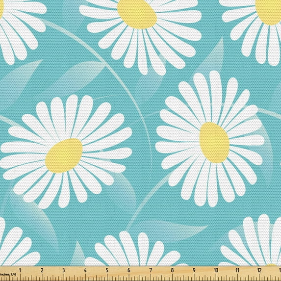 Ambesonne Daisy Fabric by the Yard Upholstery, Spring Flower Pattern, 5 Yards, Pale Blue and Mustard