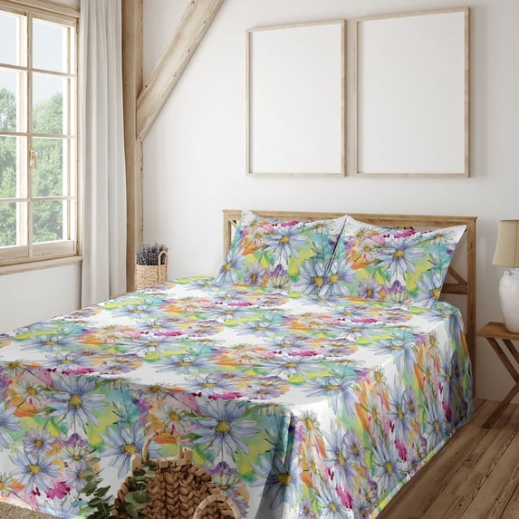 Ambesonne Daisy Fitted & Flat Sheet with Sham 3 Pcs Set, Chamomiles Wild Meadow Flower, Twin, Pale Lilac and Multicolor