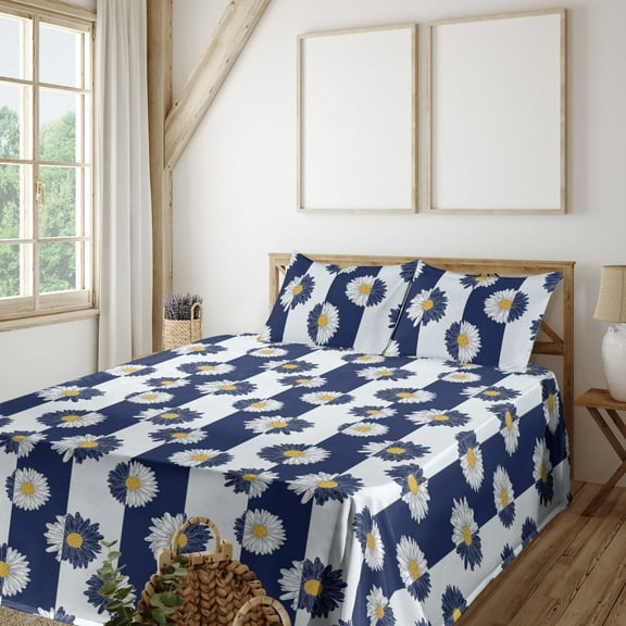 Ambesonne Daisy Fitted & Flat Sheet with Shams 4 Pcs Set, Pop Art Chamomile Flower Art, King, Dark Lavender White