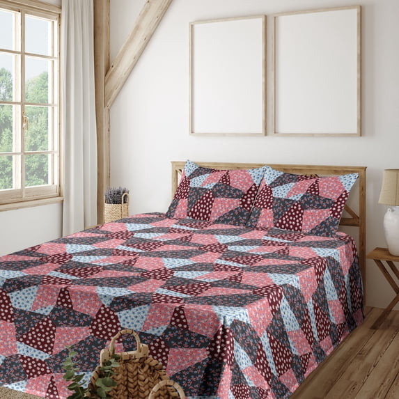 Ambesonne Daisy Fitted & Flat Sheet with Shams 4 Pcs Set, Springtime Chamomile Pattern, Queen, Pastel Pink and Sea Blue