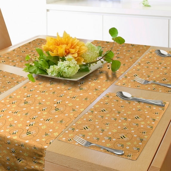 Ambesonne Daisy Flowers Table Runner & Placemats, Collecting Honey Art, Placemat 4 pcs + Runner 14"x90", Pale Orange and Mustard