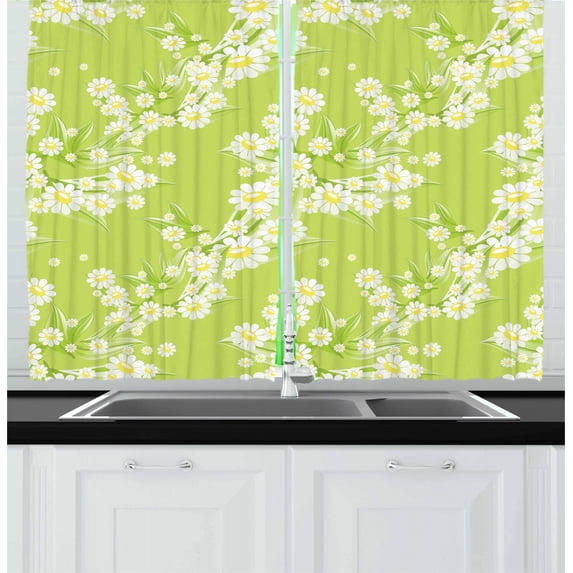 Ambesonne Daisy Kitchen Curtains, Fresh Green Springtime, 55"x39", Yellow Green White