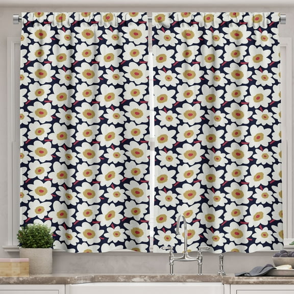 Ambesonne Daisy Kitchen Curtains, Whimsical Flowers Ornament, 55"x30", Dark Night Blue and Mustard