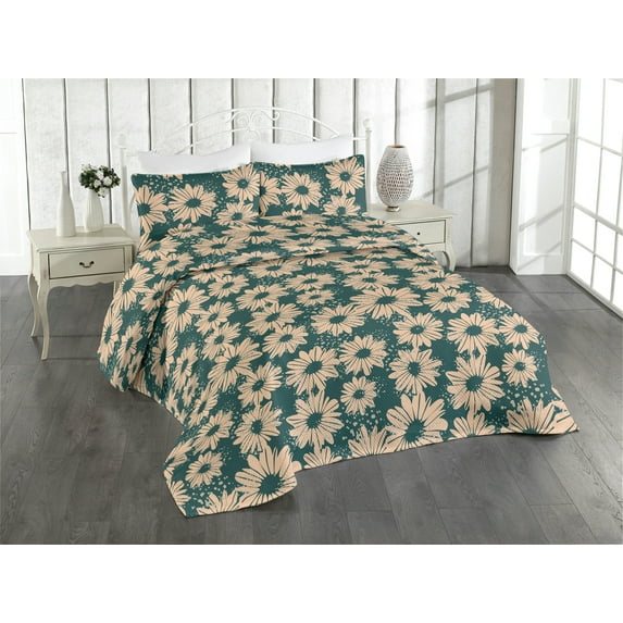 Ambesonne Daisy Pattern Quilted Bedspread Set 3 Pcs, Summer Chamomile Art, Twin, Peach Hunter Green