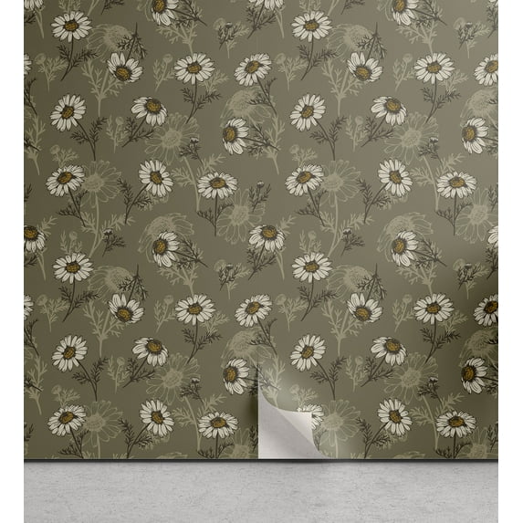 Ambesonne, Daisy Peel & Stick Wallpaper for Home, Retro Garden Bloom Chamomile, 13"x36", Sage Green Eggshell and Taupe
