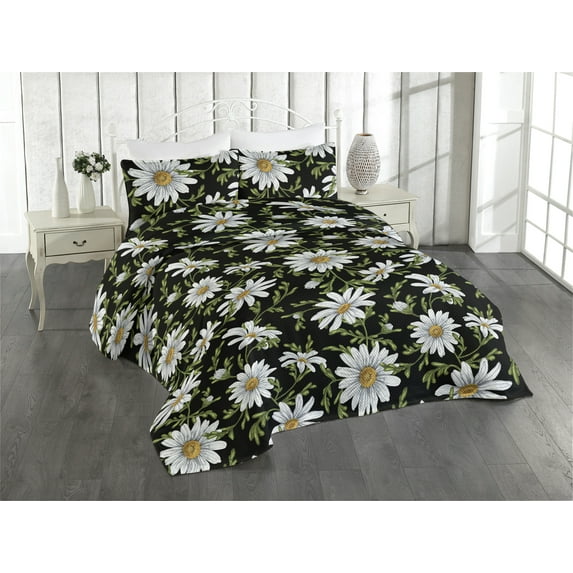 Ambesonne Daisy Quilted Bedspread Set 3 Pcs, Art Realist Chamomile Pattern, Twin, Off White Fern Green